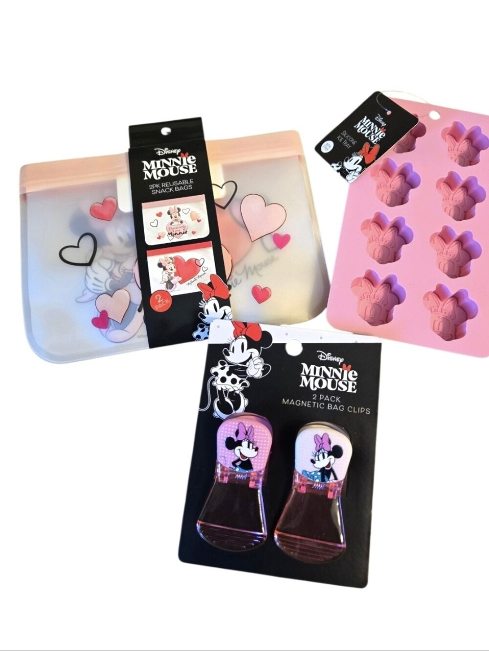 Disney Minnie Mouse Pink Silicone Mold + Reusable Bags + Magnetic Clips Set